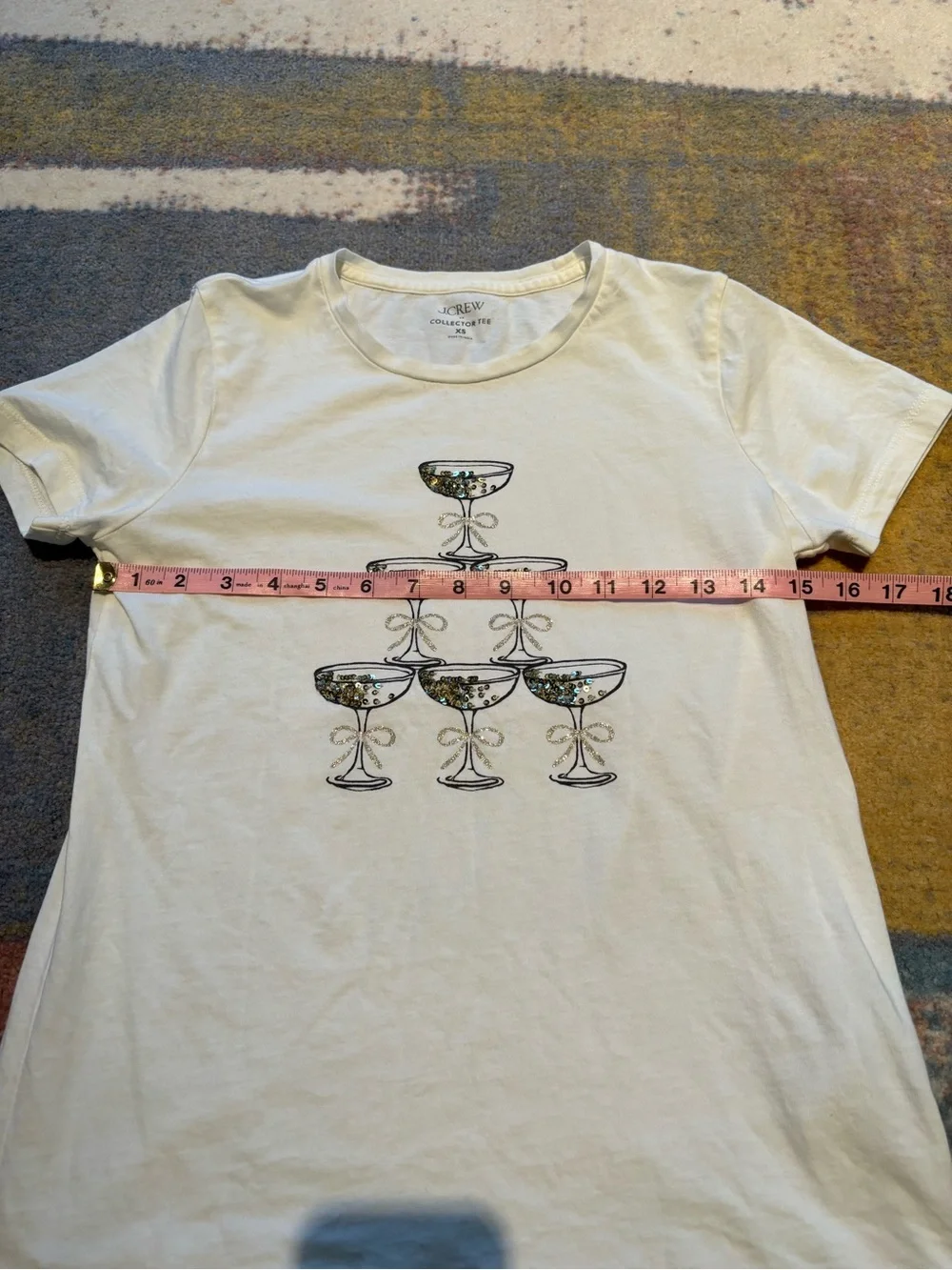 J. Crew Collector Tee White Graphic Champagne Glass Tee gold sequins, XS